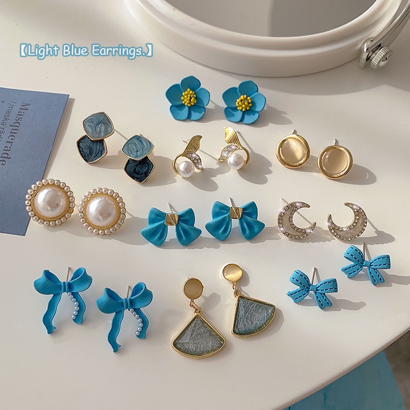 Anting Tusuk Aksen Mutiara Warna Biru Untuk Wanita