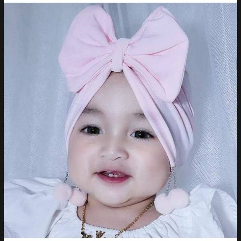 turban Duo  Double Pom Pom anak bayi perempuan Usia 0 - 3 Tahun | ciput baby new born 6 - 2 thn | bandana Baby Girl newborn import Premium lucu 1 - 5 Bulan