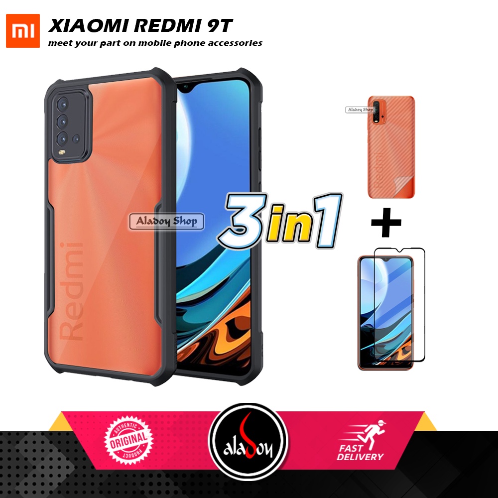 Case XIAOMI REDMI 9T Armor Fushion Transparent Casing + Tempered Glass Full Layar dan Skin Carbon