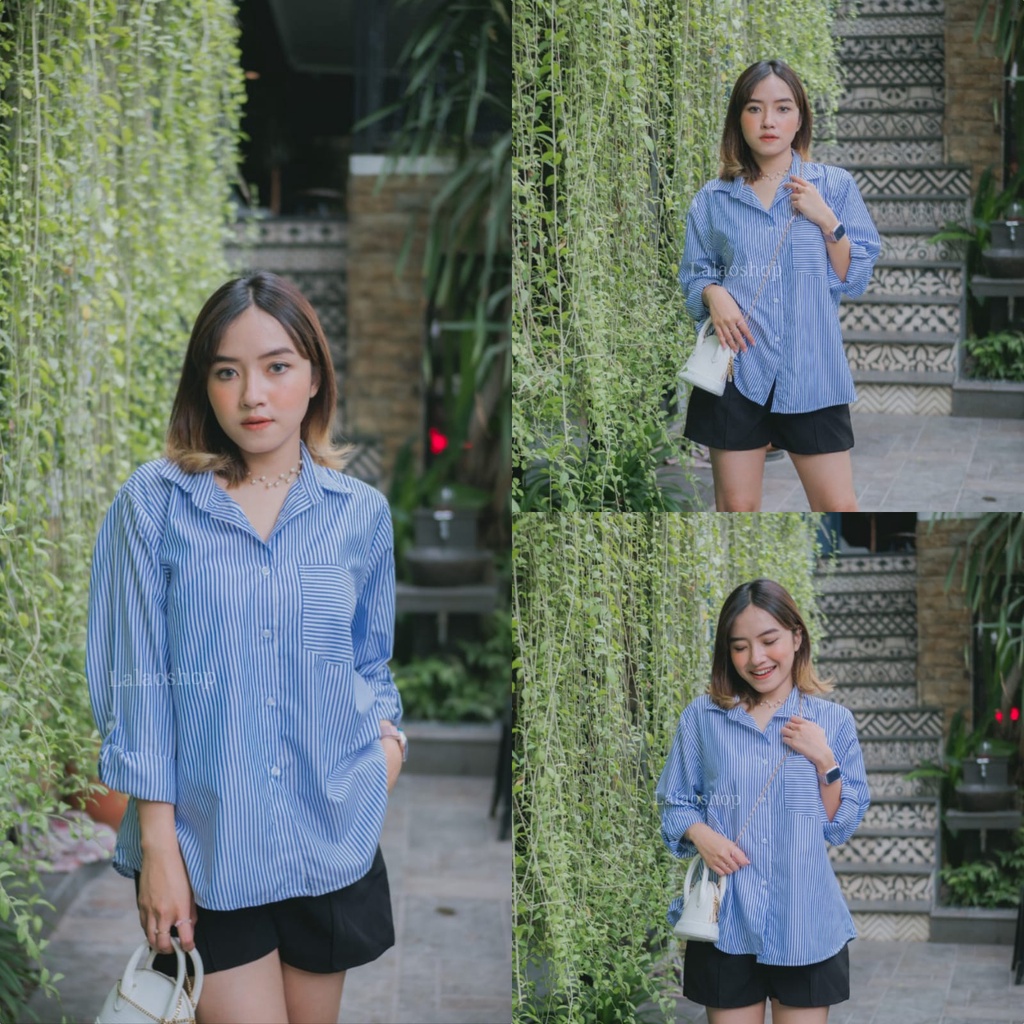 Sesil Stripe Blue Shirt ( Kemeja Katun Salur Garis Biru Putih Kemeja Hnm ) Atasan kuliah kerja cotton lembut