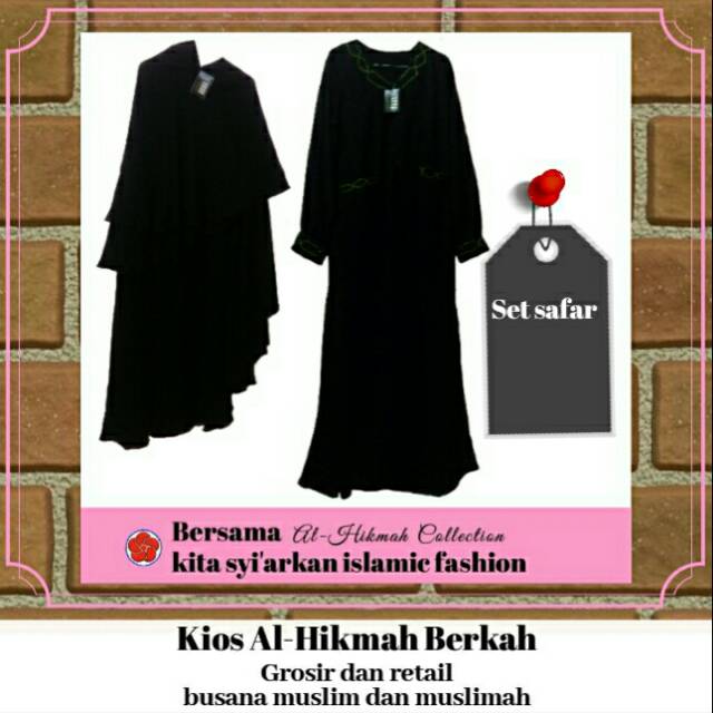 Baju Setelan Akhwat Jetblack L | Set Safar L purdah 2 Layer | Gamis Plus Jilbab safar Jetblack