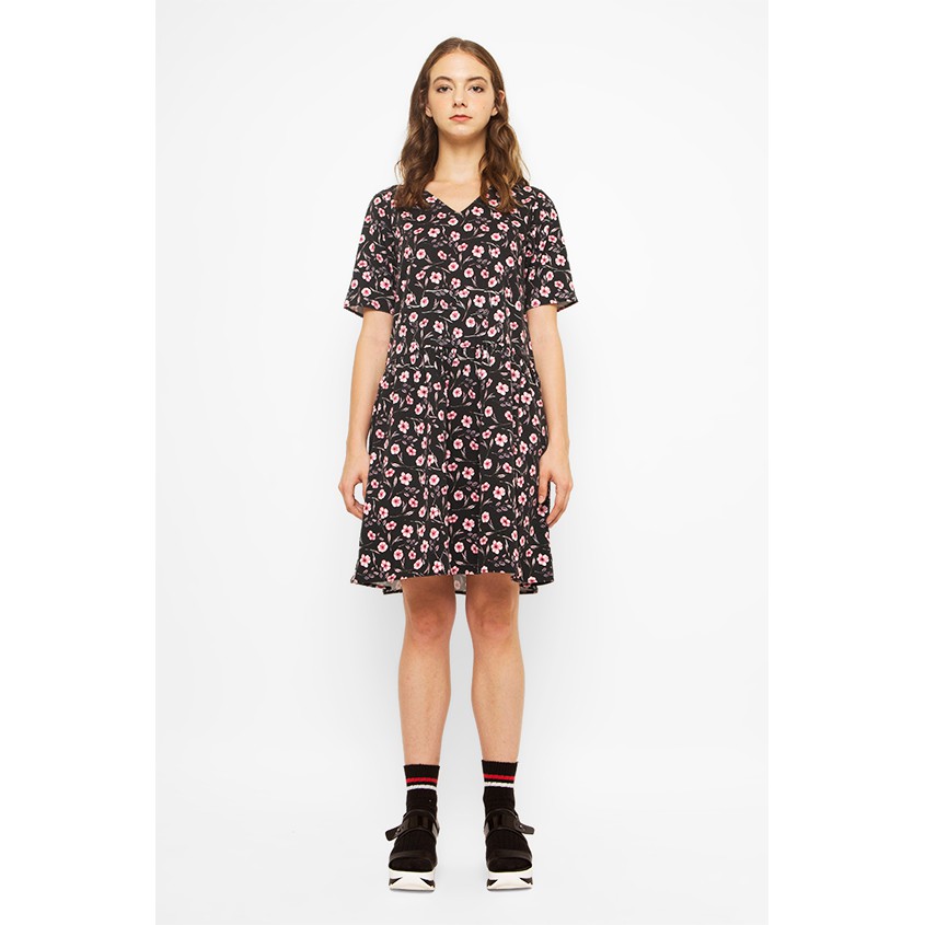 COTTONINK Printed Rainy V-Neck Fit &amp; Flare Dress