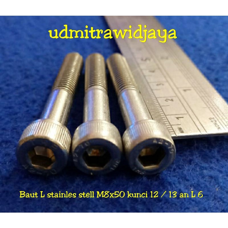 BAUT L STAINLESS STELL M8x50 panjang 5cm A2-70 304 baut 12an baut L ss M8 diameter 8mm p1.25 baut kunci 12 baut stenlis baut pangkon cnc baut probolt Ss baut sekok skok jok harga bijian baut variasi stenlis anti karat THE A2 70