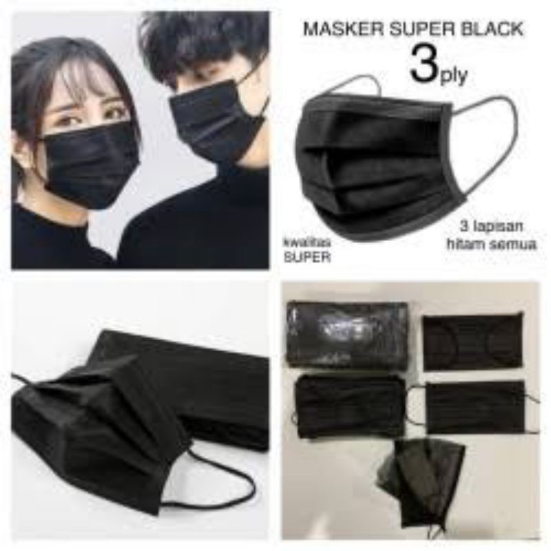 masker earlop,cantol 3ply hitam isi 50pcs