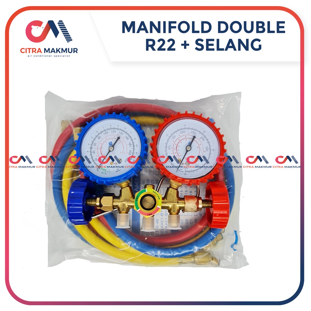 Manifold Double Gauge Set R22 Freon Refrigrant R 22 dobel high low bagus manifol selang merah biru Alat Ukur AC Kulkas