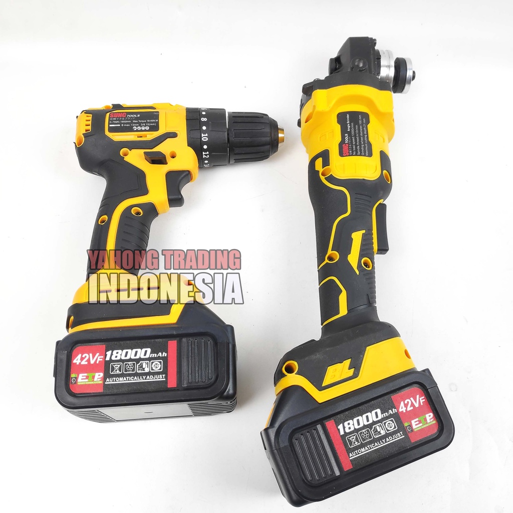 PAKET Mesin Gerinda Baterai Cordless Angle Grinder + Mesin Bor Baterai Cordless Drill 42VF SUNC TOOLS