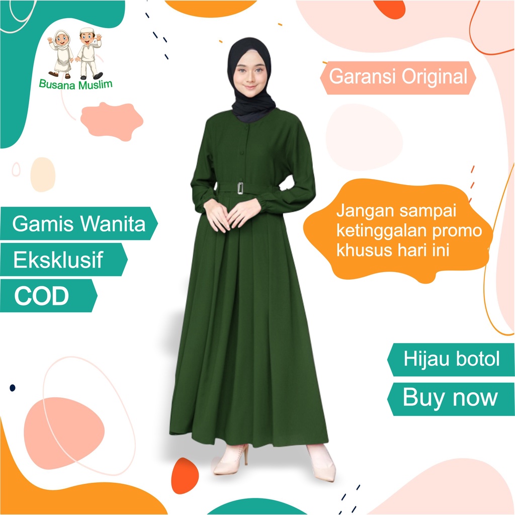 Fashion Baju Gamis Dewasa Wanita Muslim Dress Cantik Kekinian Murah Terbaru 2021 Warna Hijau Botol