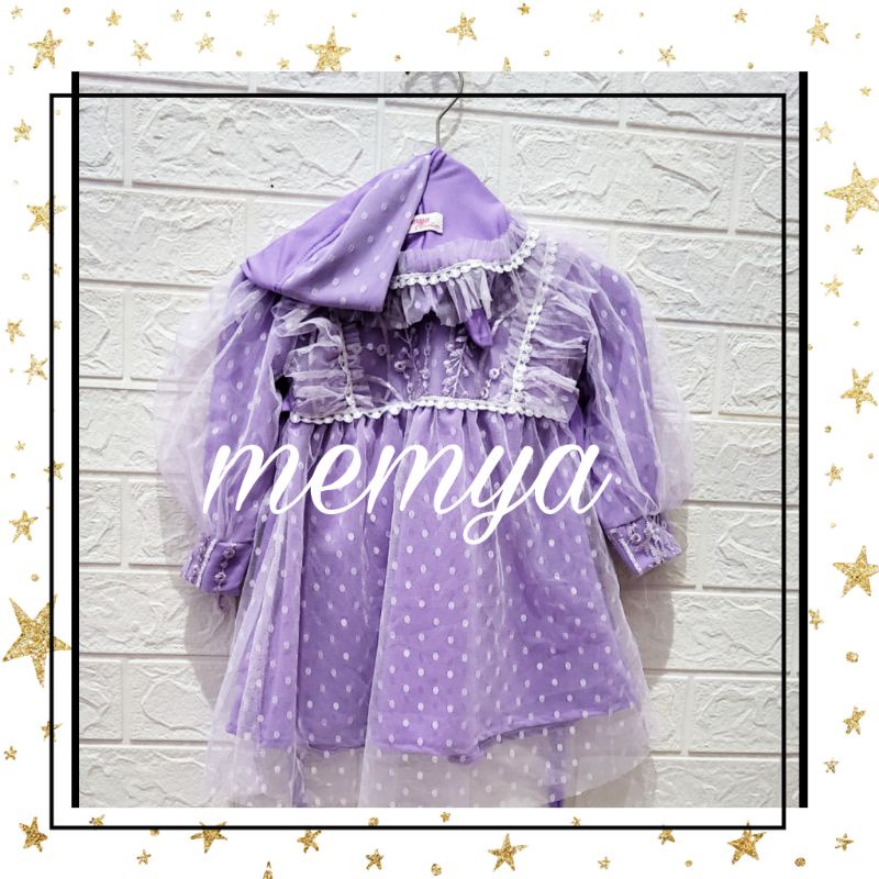 Baju Gamis busana muslim aqiqah polkadot tile dot tulle polka brokat brukat anak bayi baby perempuan newborn set hijab-Ungu