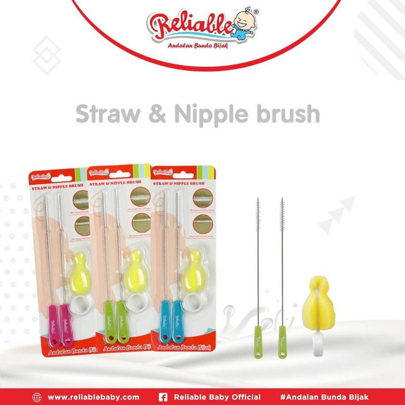 2 Straw &amp; 1 Nipple Brush/Sikat sedotan Stainless Steel dan Spon Pembersih DOT RSB 7810