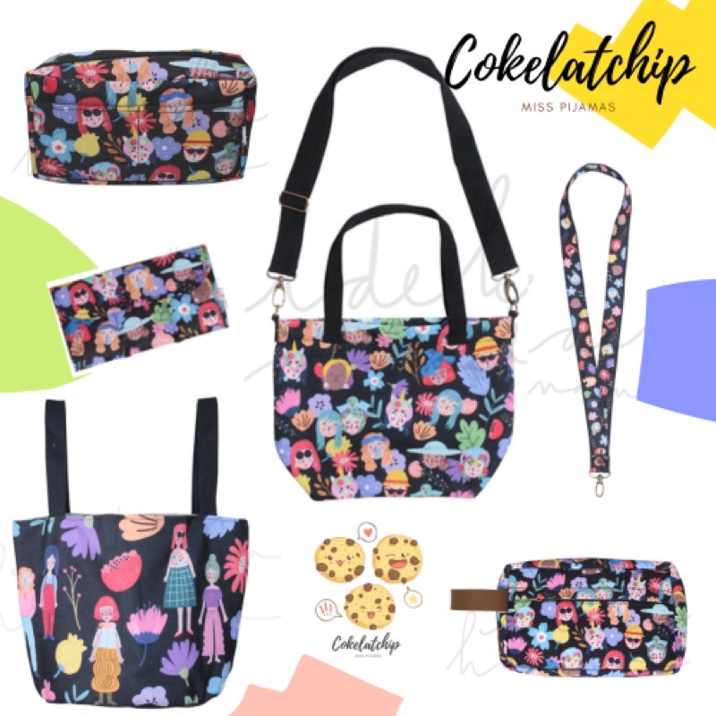 Ideku Handmade Mini Tote Bag / Lanyard Oil Travel Pouch / 3 Ways Bicycle Bag / Tas Sayur Black Faces