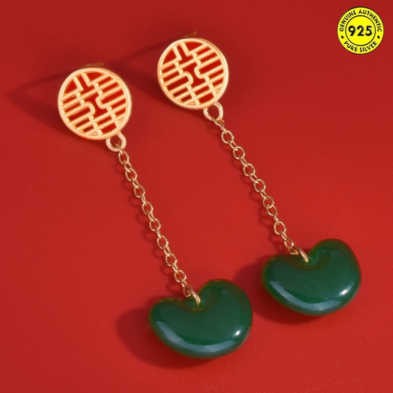 Xi Anting Gantung Panjang Tusuk Motif Geometri Aksen Batu Chalcedony Hijau Untuk Perhiasan Wanita
