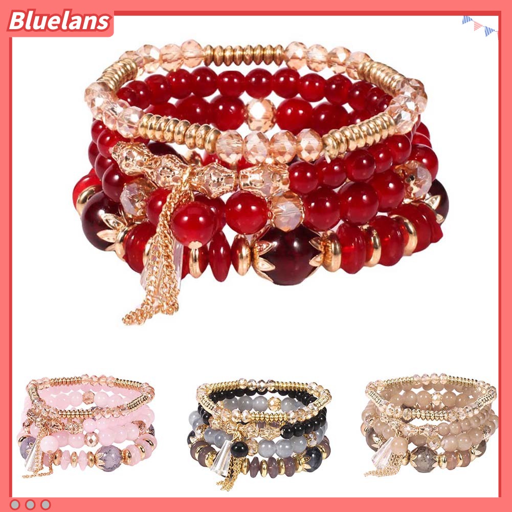 Bluelans 4Pcs Boho Faux Agate Pearl Tassel Chain Charm Beaded Bracelet Women Jewelry