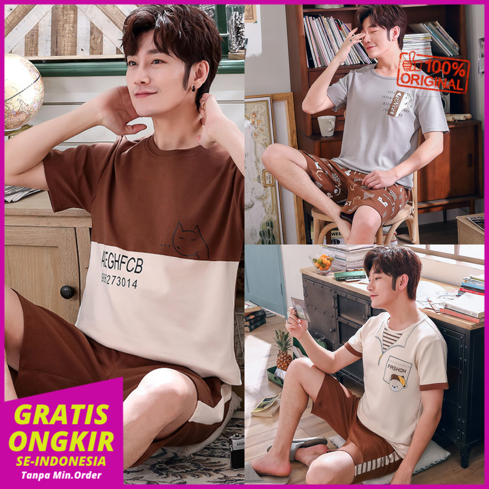 Baju Tidur Cowok Musim panas piyama pria katun lengan pendek pria korea set celana pendek