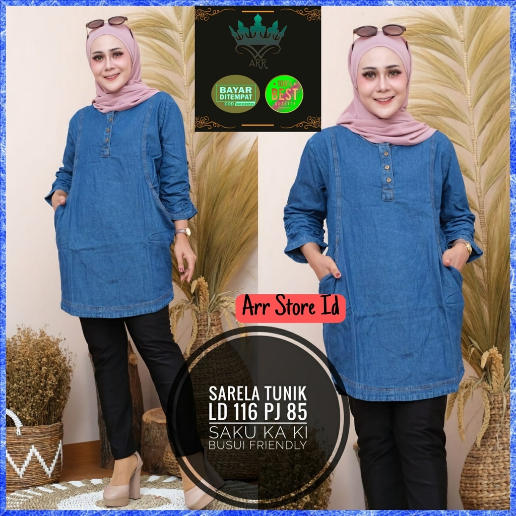 Baju Atasan Tunik Jins Jeans Denim Jumbo Wanita Terbaru Polos Ld 116 P 85 Premium Sarela Tunik Allsize