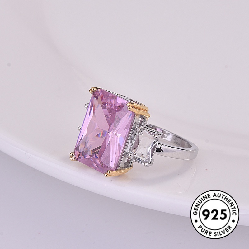 Cincin Silver S925 Hias Kristal Persegi Warna Pink Untuk Wanita