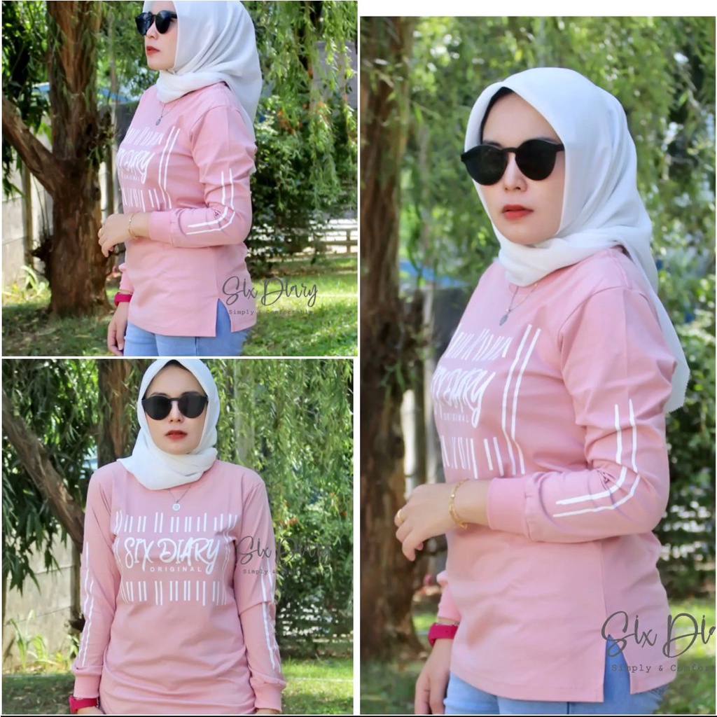 Kaos Wanita Atasan Wanita Kaos Lengan Panjang Wanita Six Diary WARNA PINK DUSTY Motif BARCODE // SIX DIARY/ATASAN WANITA/PAKAIAN WANITA TERBARU 2022