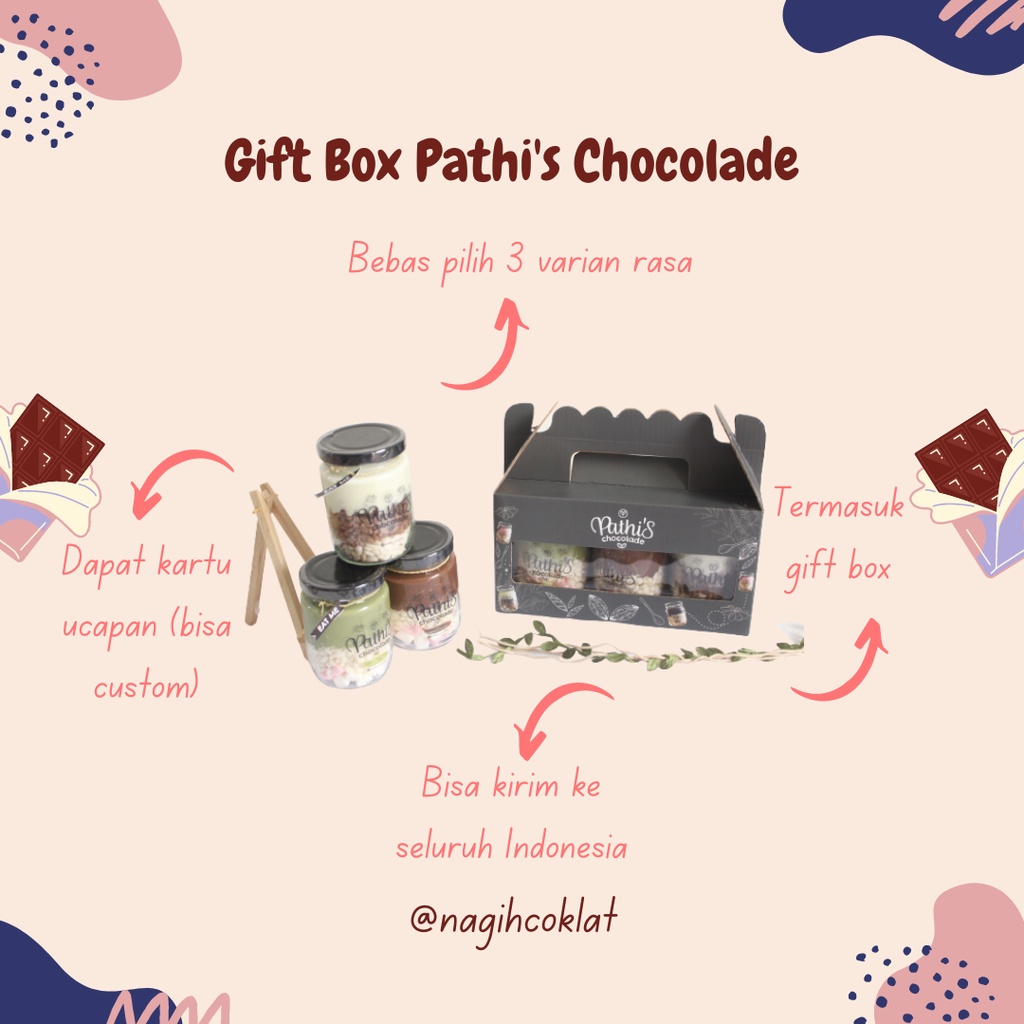 

PATHIS CHOCOLADE - Paket Gift Box Hampers - Kado Graduation/Birthday/Wedding/Anniversary (Cemilan Cokelat Lumer - Choco Crunchy in Jar) - @nagihcoklat