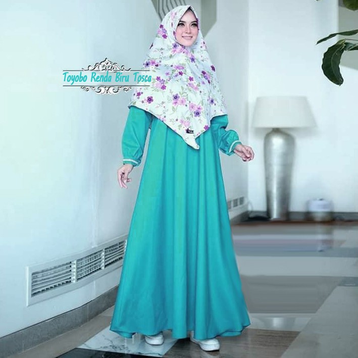 terbatas  Gamis Toyobo polos kombinasi Renda | Biru Tosca Original Murah Terbaru