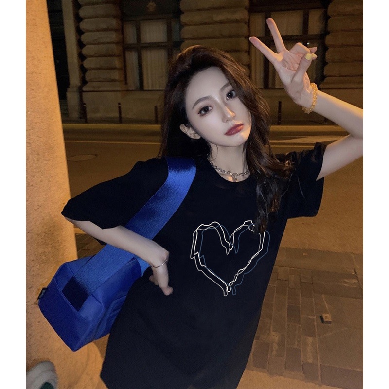 XIAOZHAINV Kaos Atasan Wanita Heart Pattern Lengan Pendek 0076