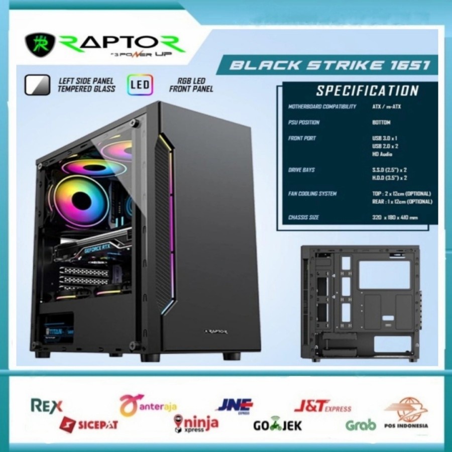 Casing power up Raptor Black Strike 1651 Free RGB LED Strip ATX
