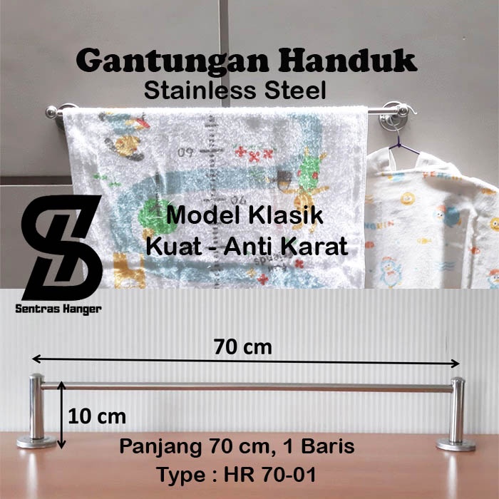 Gantungan Handuk Stainless Steel, Panjang 70 cm,1 Baris &amp; 2 Baris