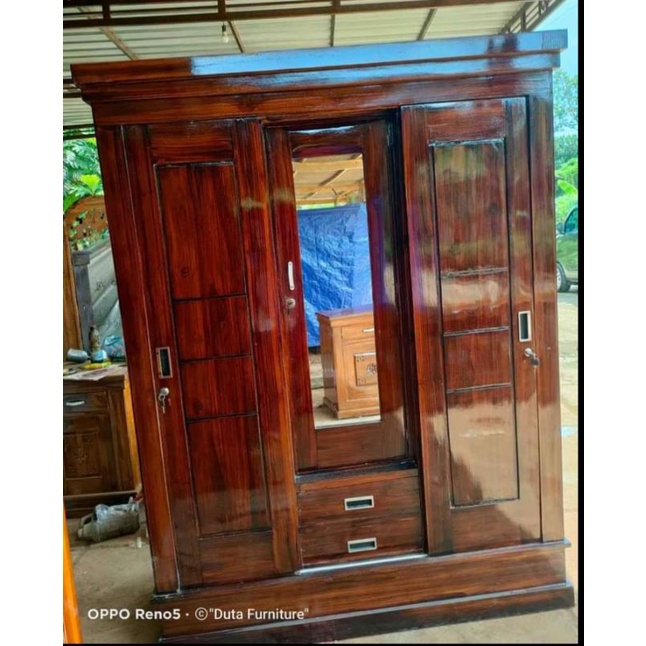 lemari pakaian kayu jati sliding 3 pintu plus laci FREE ONGKIR KEBUMEN