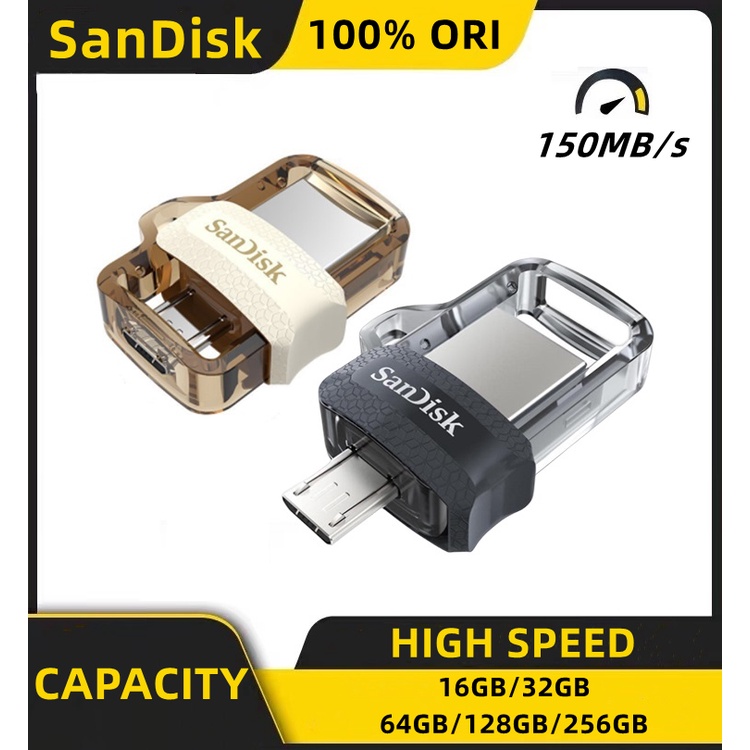 SanDisk Flashdrive Ultra Dual Drive OTG 16GB/32GB/64GB/128GB Transmisi 150M/S M3.0 Flash Drive Storage Eksternal- Gold, Hitam (100% Original)