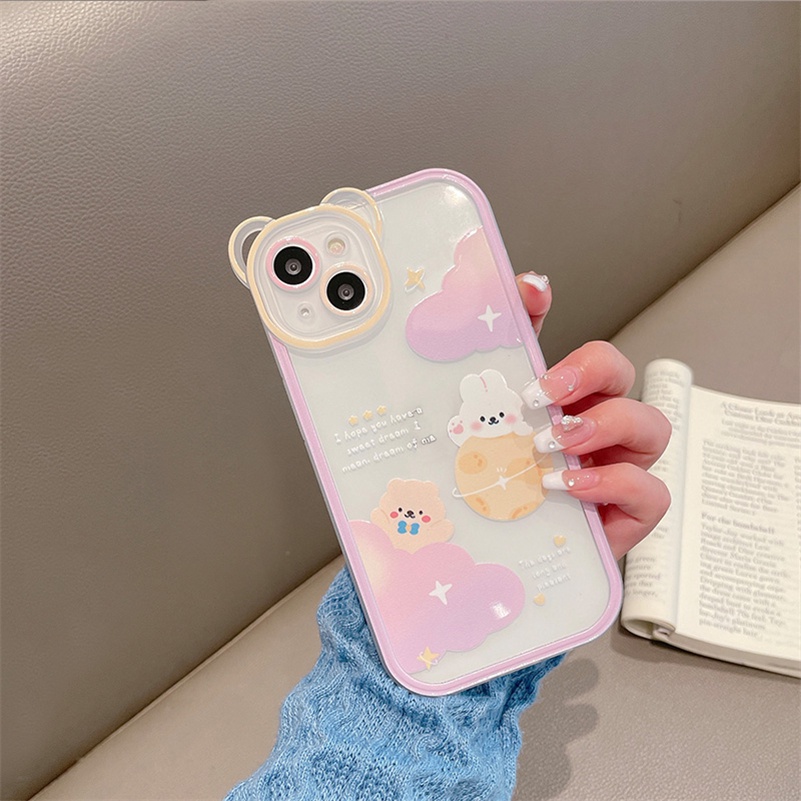 Soft Case TPU Transparan Motif Bulan Kelinci Beruang Untuk iPhone 13 12 11 Pro Max X Xr Xs Max SE 2020 8 7 6 6s Plus