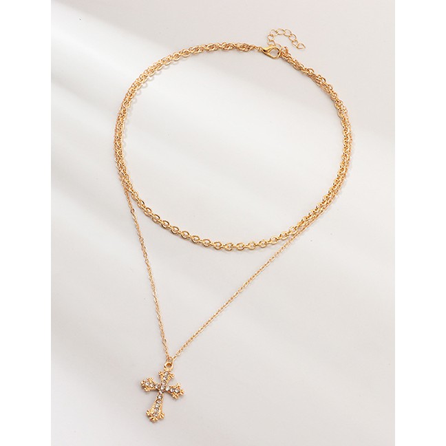 LRC Kalung Fashion Gold Cross-studded Double-layer Necklace D28004
