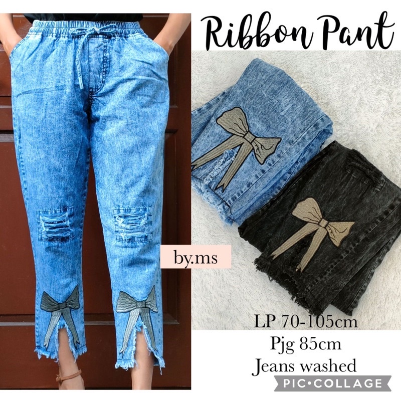 PITA Pants Celana Jeans Panjang Wanita Warna Snow Blue Aksen Pita Tempel | Outfit Remaja Terbaru Kekinian