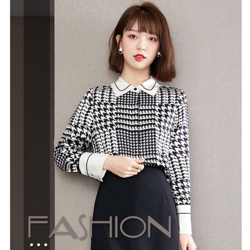 MDLV ~ 2140 Jericha Hidden Button Shirt Houndstooth Kemeja Twiscone Korea Fashion import