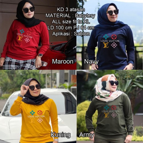 kaos wanita lengan panjang murah sablon LV bahan baby terry