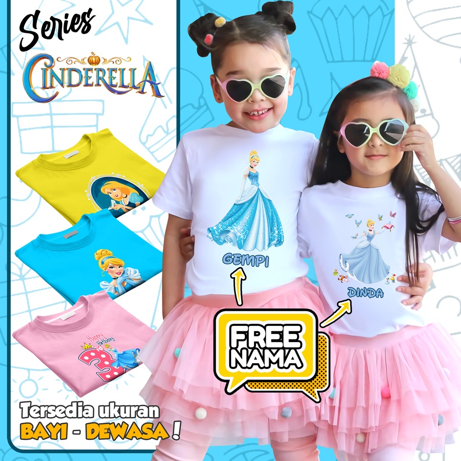 Baju Kaos ANAK DAN DEWASA CINDERELLA CINDERELA COUPLE (FREE NAMA)