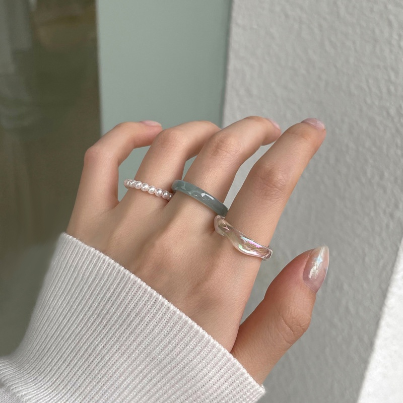 3pcs / Set Cincin Jari Elastis Bahan Akrilik Resin Aksen Mutiara Gaya Korea Untuk Wanita