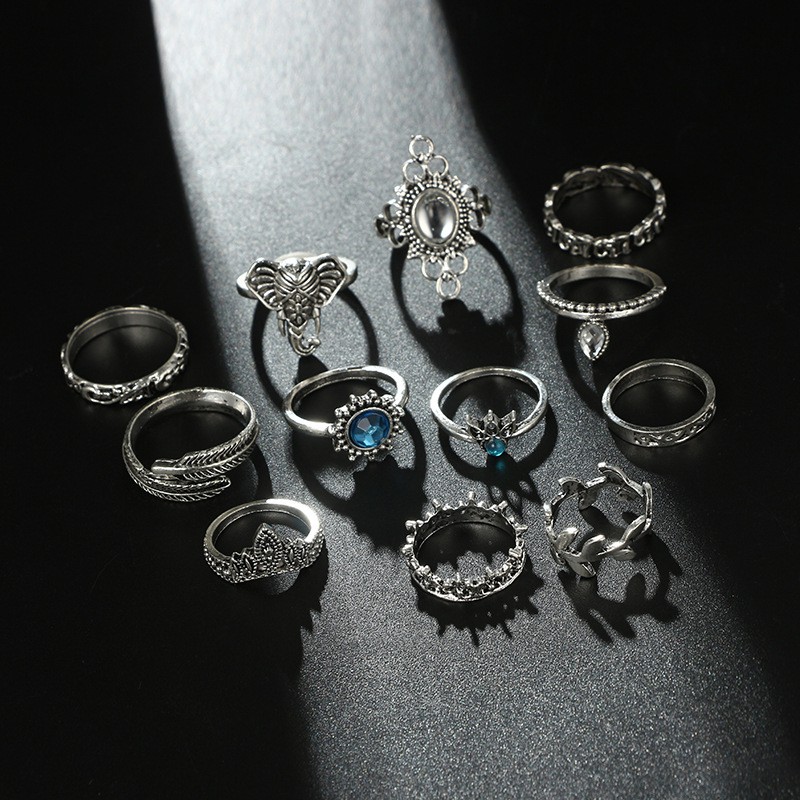 12 Pcs / Set Berongga Cincin Jari Set Gajah Water Drop Vintage Punk Boho Knuckle Rings Jewelry