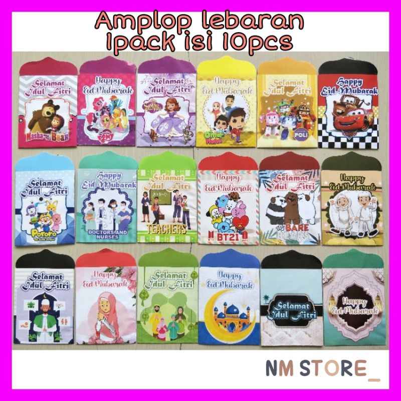 

(1pack isi 10pcs)Amplop Lebaran ukuran Medium Glossy Siap Pakai / Jual Angpau Motif Karakter Kartun Lucu ukuran 7x11