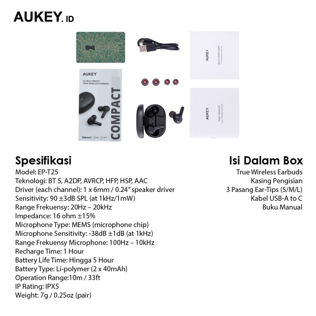 AUKEY EP-T25 - Ultra Compact IPX5 Waterproof TWS with Charging Case