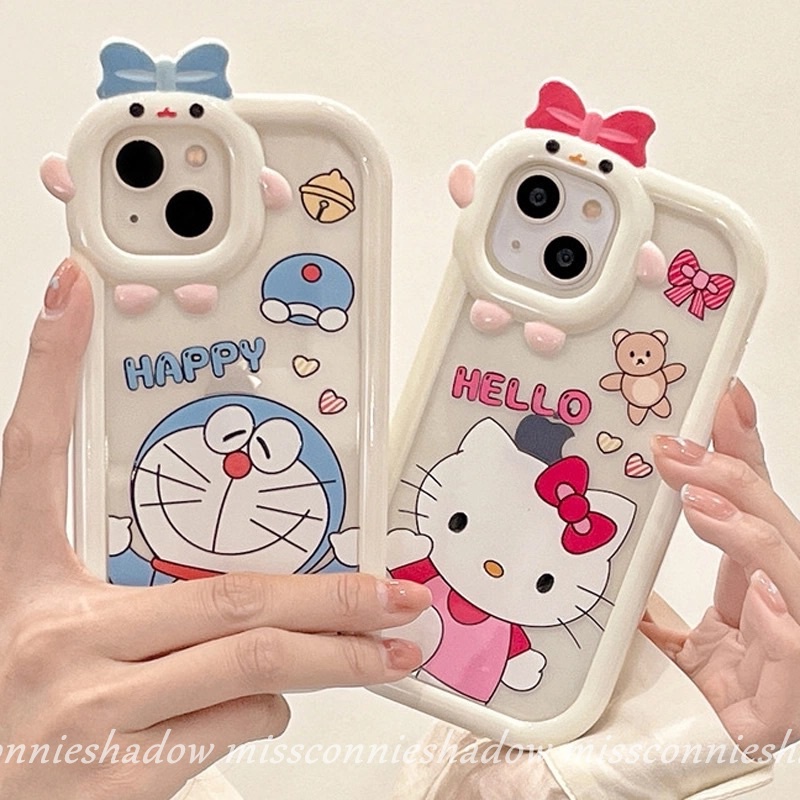 Casing Lensa Monster Busur-Simpul 3D Untuk Samsung A14 A04s A04 A03s A32 A04E A13 A03 A12 A53 A52s A50s A73 A23 A22 A02s A50 A51 A21s A71 A11 Kartun Hello Kitty Doraemon Couple Case