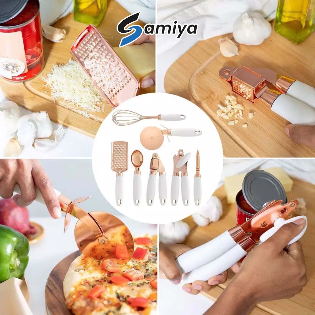 kitchen gadget set 7pcs / paket lengkap alat dapur rosegold garlic press penghancur bawang can opener pembuka kaleng parutan keju ice cream spoon sendok es krim egg beater pengocok telur pizza cutter pairing knife