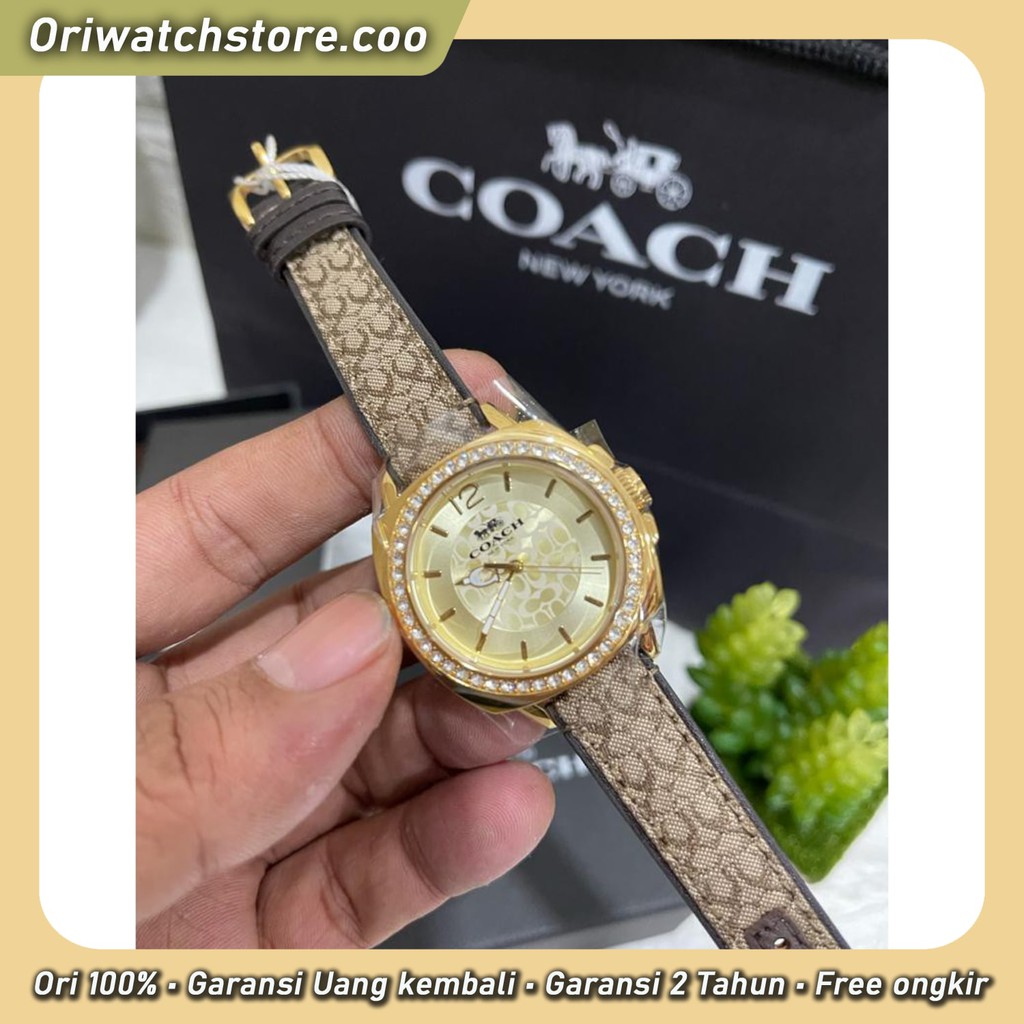 TERLARIS COACH ORIGINAL GARANSI JAM TANGAN WANITA INNER GOLD LEATHER STRAP