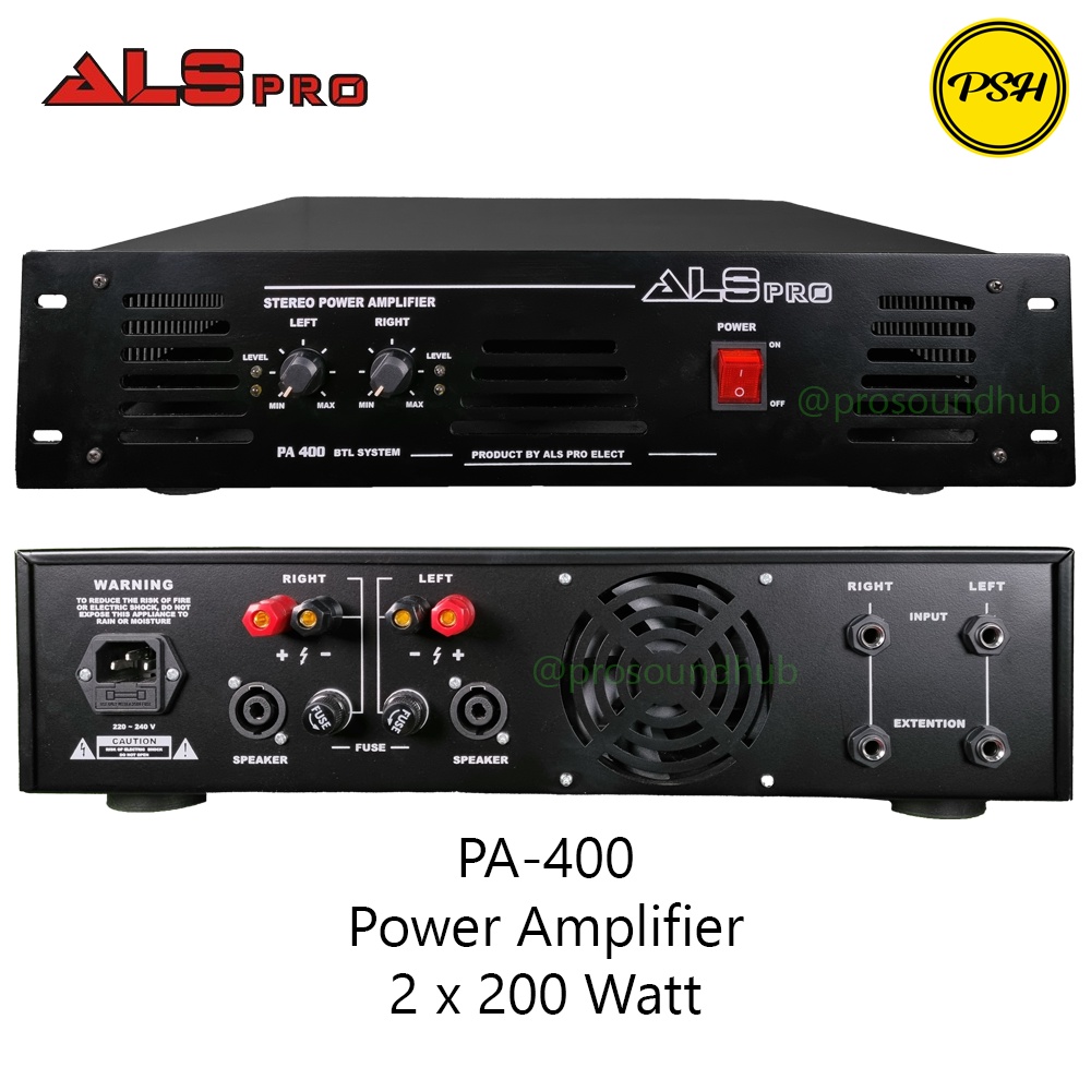 ALS Pro PA-400 PA400 PA 400 Power Amplifier 400 Watt Stereo 2 Channel Amply Ampli Sound System