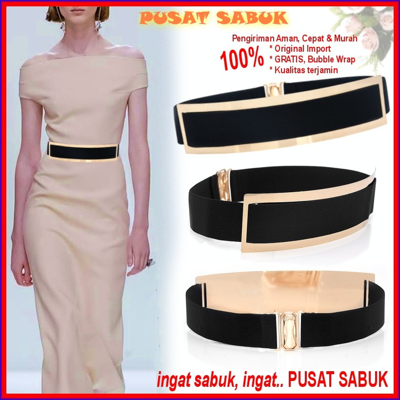 Belt Gesper Plat Sabuk GOLD Karet Obi Ikat Pinggang Elastis untuk Wanita Fashion Emas Hitam kekinian