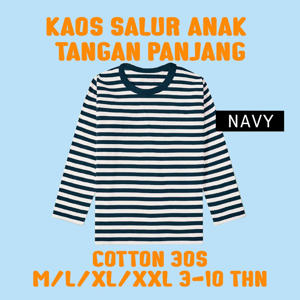 KAOS DISTRO ANAK BAYI BALITA SD MOTIF SALUR BELANG SETERIP STRIPE GARIS BERGARIS TANGAN LENGAN PANJANG LUCU LAKI LAKI PEREMPUAN COWO CEWE COWOK CEWEK UNISEX  USIA UMUR 3 4 5 6 7 8 9 10  TAHUN TAUN KEKINIAN LUCU COOTON KATUN CVC 30 S  PREMIUM HITAM PUTIH-NAVY