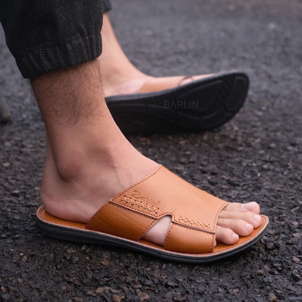 Sandal Kulit Sapi Asli Slide Pria Casual Formal Pesta Kondangan Original Barlin Gaya Kekinian Terbaru Trendy Murah Terlaris Coklat Hitam Tan