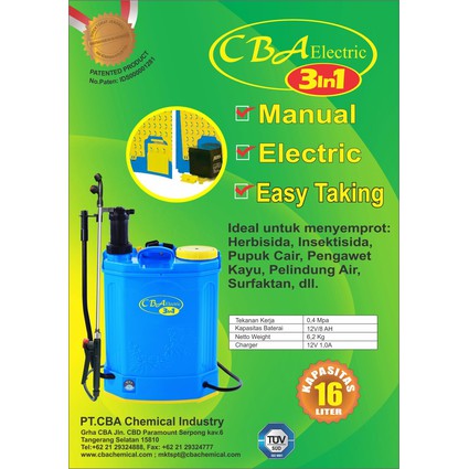 CBA Electric Sprayer knapsack tipe 5.5 elektrik + manual 16L 3in1