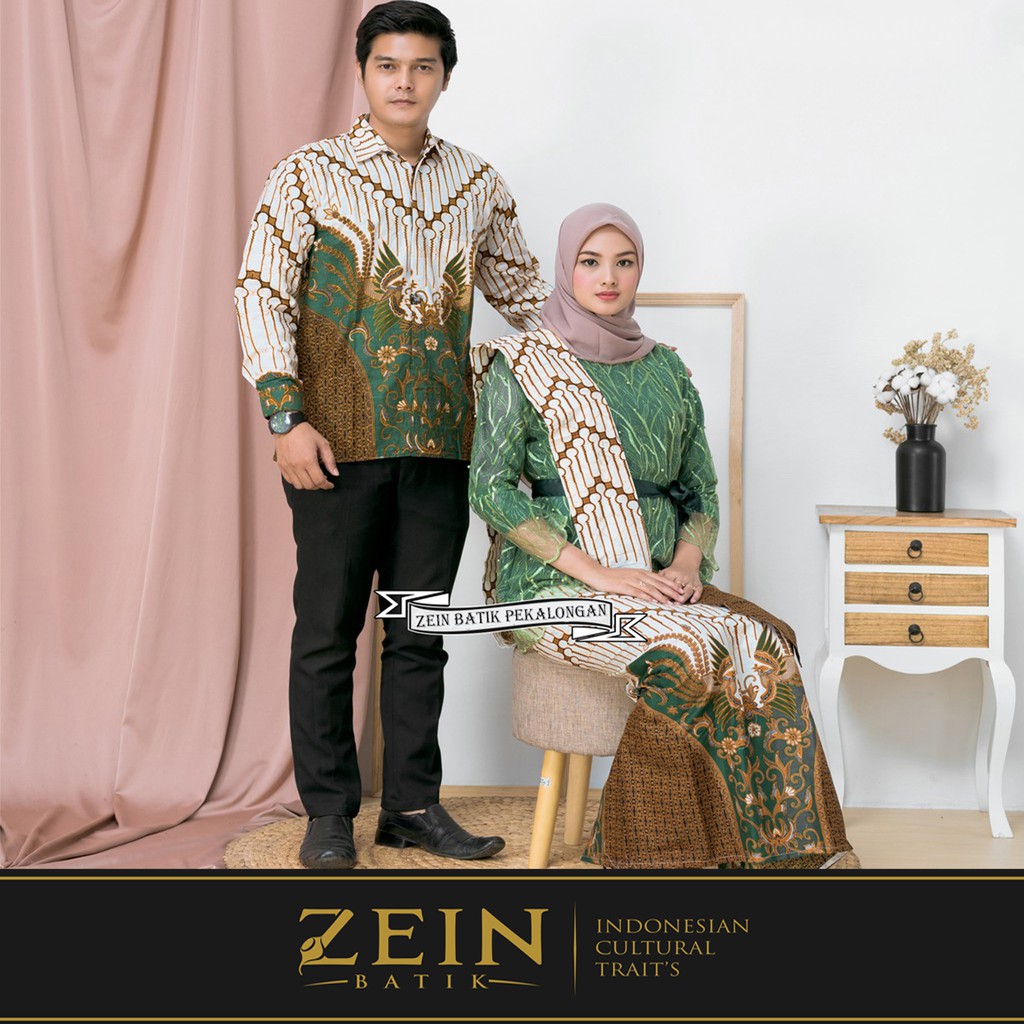 Batik Couple Rok Span Wiron Lipit Atasan Pakaian Kemeja Batik Lengan Panjang Hijau Lumut