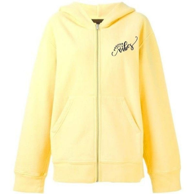Jaket Hoodie Wanita Atasan POSITIVE VIBES Bahan Babyterry-KUNING