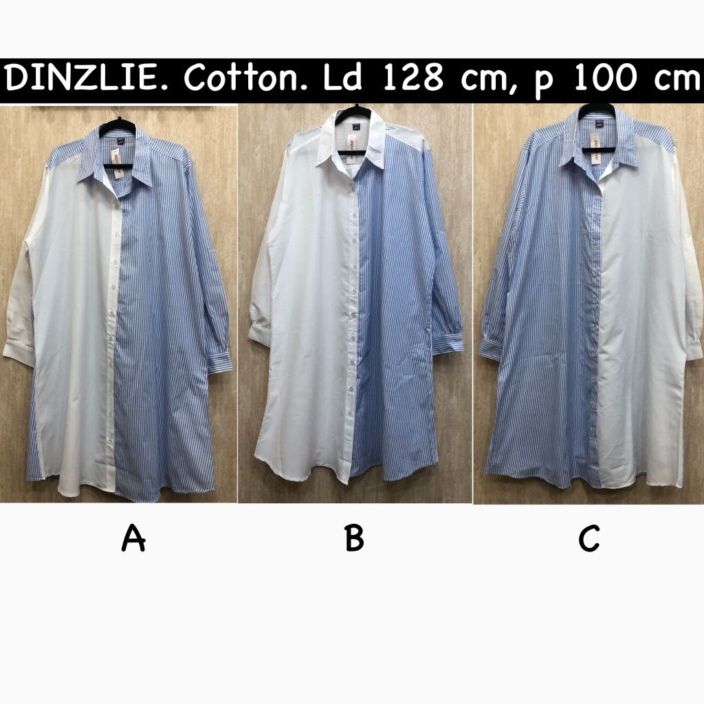 TOKODINZLIE KEMEJA PANJANG WANITA TUNIK DRESS PUTIH POLOS KOMBINASI SALUR GARIS GARIS BIRU BIGSIZE B