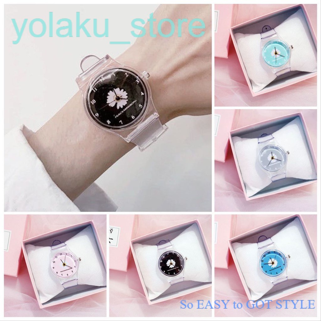Jam Tangan Quartz Analog Motif Bunga Transparan Untuk Wanita /  Jam Tangan Motif Bunga Transparan