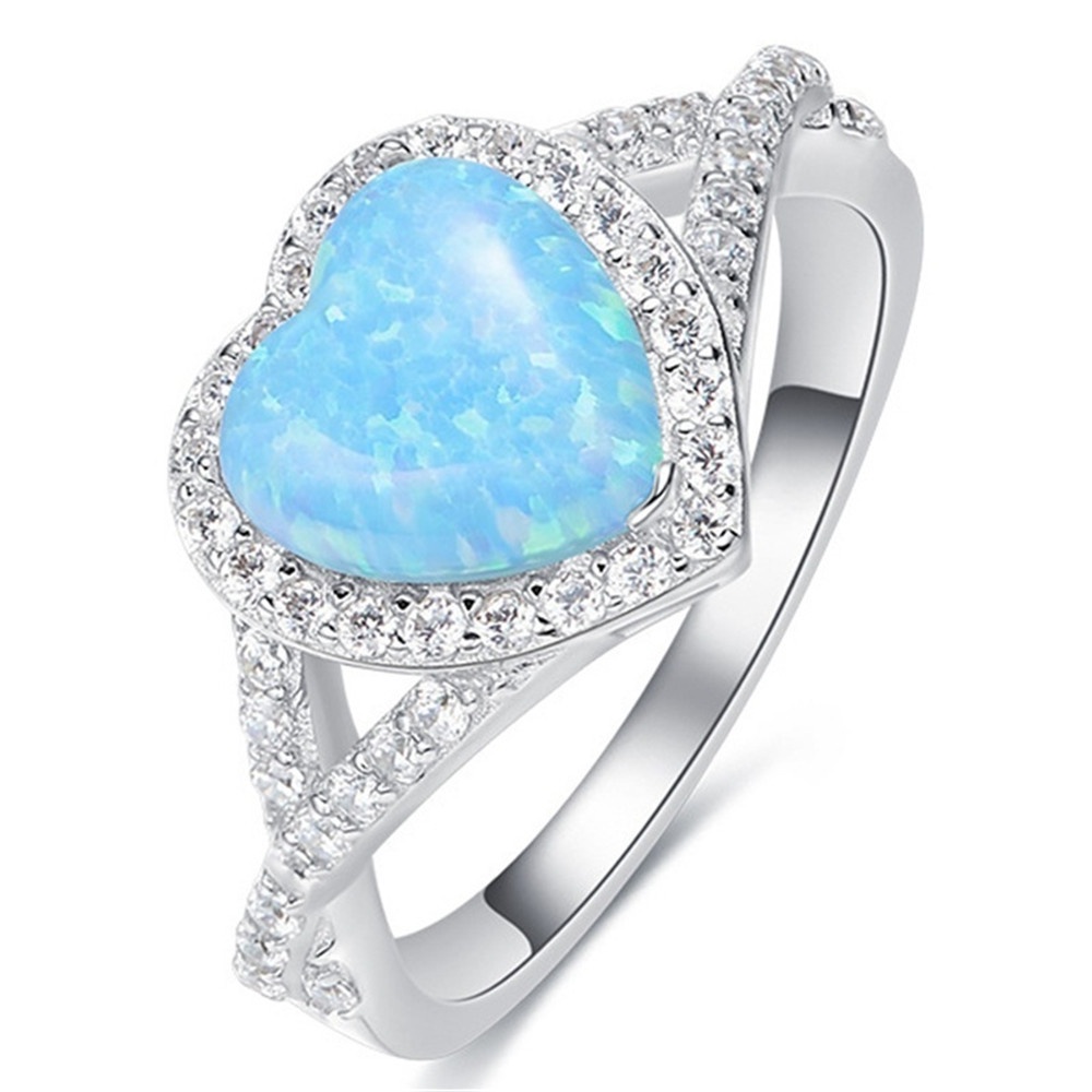 New blue heart-shaped opal inlaid zircon ring